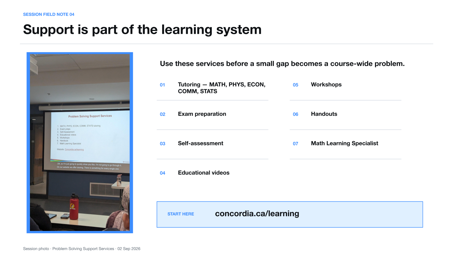 A session field note summarizing Concordia's problem-solving support services